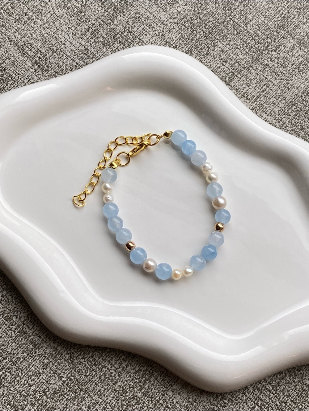 Delicate Handmade Aquamarine & Pearl Beaded Bracelet with 14k Gold Plated Beads